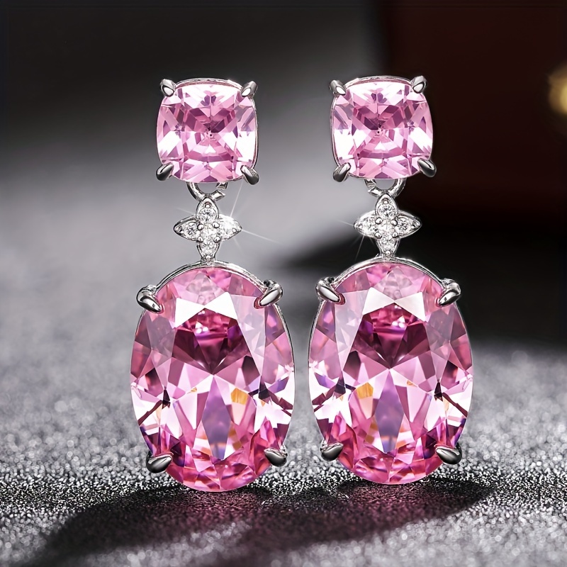 Women's Pink Synthetic Zirconia Oval Pendant Earrings, Luxury